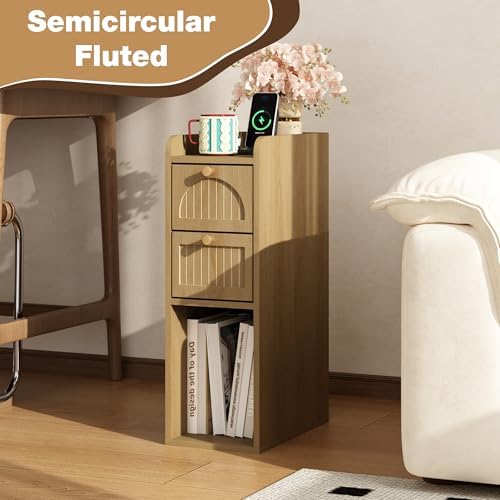 7.87" Narrow Nightstand Set of 2, Fluted Slim Bedside Table with 2 Drawers, Mid Century Modern Small End Table with Gold Metal Handles, for Bedroom, Living Room & Small Spaces - Natural