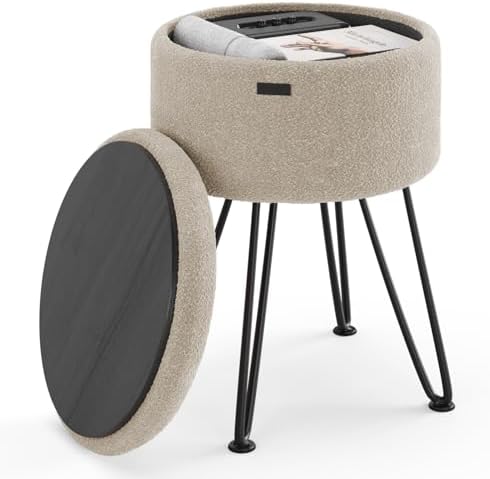 Round Ottoman with Storage, Boucle Storage Ottoman, Foot Stool Ottomans, Makeup Vanity Stool, Small Ottomans Foot Rest, Modern Vanity Stools for Living Room and Bedroom, Beige