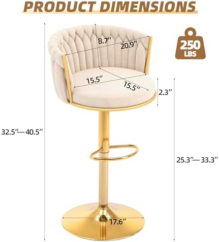 Gold Bar Stools Set of 6, Modern Adjustable Bar Height Barstools, Velvet Swivel Bar Chairs with Woven Backrest, Metal Footrest & Base, Upholstered Counter Stools for Kitchen Island, Beige