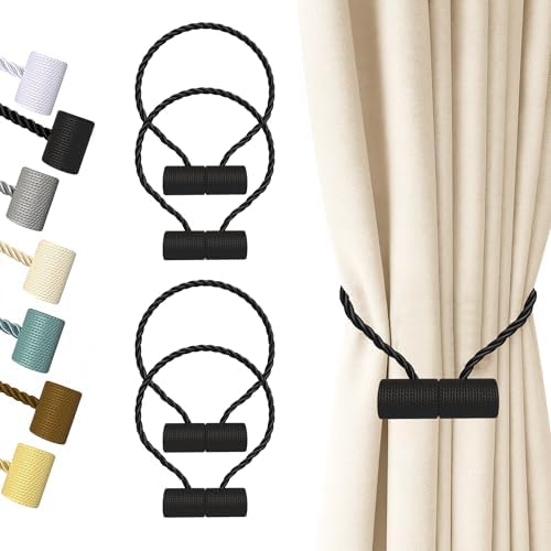 Hion Magnetic Curtain Tiebacks Black 4pcs, Curtain Holdbacks Hooks Holders
