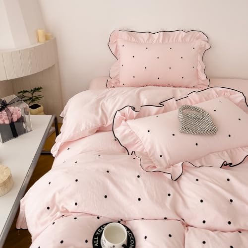 Polka Dot Duvet Cover Set Queen Princess Style Ruffle Bedding Set, 3 Pieces Soft Microfiber Cute Dots Pattern Pink Comforter Cover with Ruffles, Girls Romantic Ruffle Duvet Cover with Zipper Closure