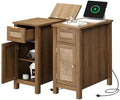 Narrow End Table with Charging Station - Midcentury Rattan Slim Side Table with USB Ports and Power Outlets, Nightstand with Flip Top and Storage Drawer, for Small Spaces Living Room Bedroom, Set of 2