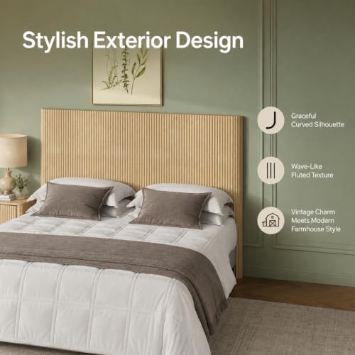 Queen Size Oak Wood Headboard Only, Farmhouse Fluted Head Board, Bohemian Style Bed Frame Headboards, Arched Corrugated, Easy Assembly