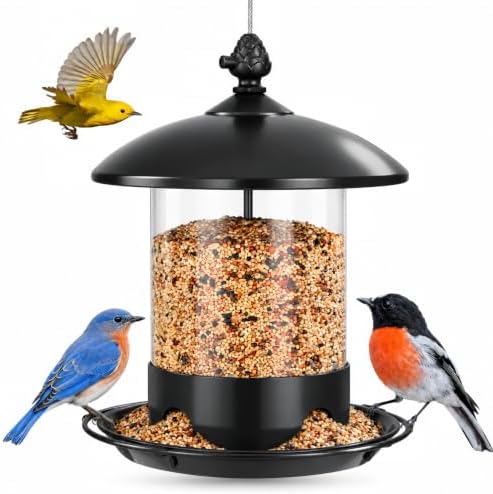 Gbekery Metal Bird Feeders for Outdoors Hanging, 360° Feeding Tray, Black