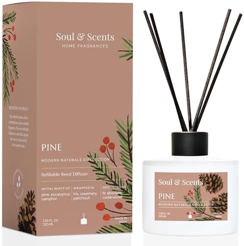 Soul & Scents Reed Diffuser Set – Pine | 7.43 oz Refillable Scented Oil with 6 Fiber Sticks | Long-Lasting Home Fragrance & Air Freshener for Bedroom, Bathroom, Office | Gift & Décor Piece
