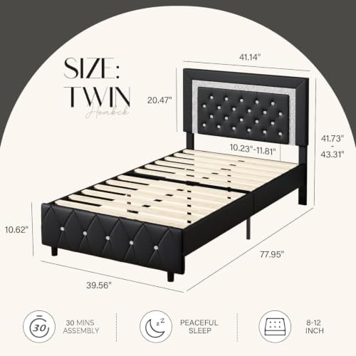 HOMBCK Twin Bed Frame with Headboard, Diamond Tufted Design, Black