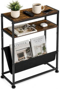 Narrow End Table with Magazine Rack, 2-Tier Slim Side Table for Small Spaces, Industrial Nightstand with Storage Sling for Living Room, Couch and Bedroom, Rustic Brown