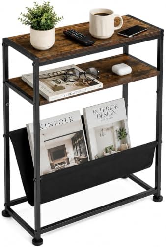 Narrow End Table with Magazine Rack, 2-Tier Slim Side Table for Small Spaces, Industrial Nightstand with Storage Sling for Living Room, Couch and Bedroom, Rustic Brown