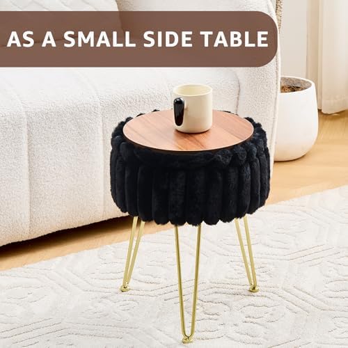 Wimarsbon Vanity Stool with Storage, Faux Fur Ottoman Chair with Metal Legs
