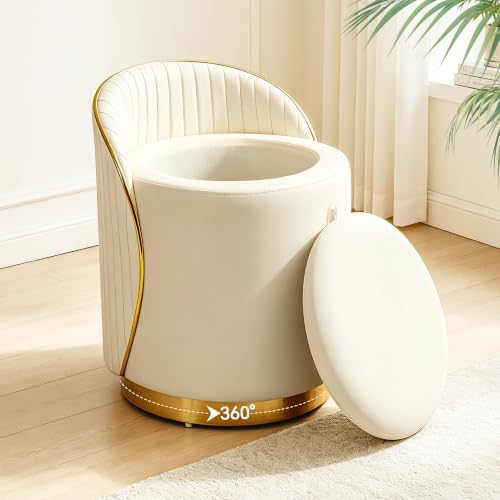 Vanity Chair with Storage, Leather Vanity Stool, 360° Swivel Makeup Chair with Back, No Assembly Upholstered Accent Chairs Stool for Bedroom, Dressing Room, Living Room, Cream