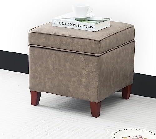 Adeco 17.5" Square Storage Ottoman, Faux Leather Flip Top Footstool & Coffee Table, Upholstered Foot Rest with Wood Legs, Small Extra Seat for Living Room & Bedroom, Coffee Brown