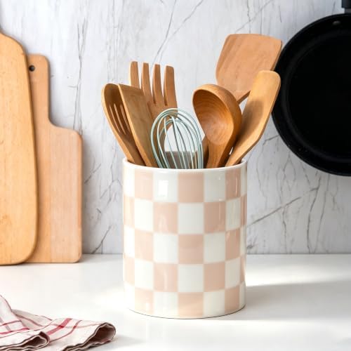 Kitchen Utensil Holder,7.2-inch Extra Large Ceramic Checkered Pattern Utensil Crock,Cooking Utensil Organizer for Kitchen Counter Decor,Storage Caddy Farmhouse Gift Beige