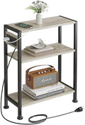 End Table with Charging Station, 3-Tier Side Table for Small Space, Skinny Nightstand with USB/Type C Port and 2 Outlets, Slim Sofa Beside Table for Living Room, Bedroom and Balcony, Greige
