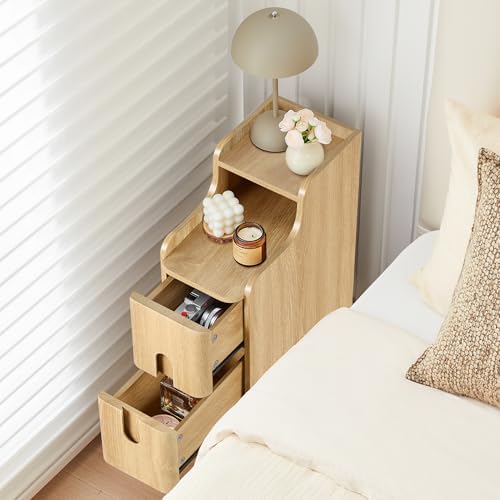Narrow End Table Living Room, Wooden Small 2 Drawer Nightstand Bedroom, Thin Couch Side End Table, Vintage Skinny Bedside Table Small Spaces, Mid Century Modern Night Stand with Drawers (Natural-1 pc)