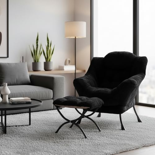 Welnow Lazy Chair with Ottoman, Reading Chair with Footrest, Jet Black