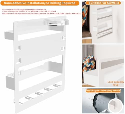 Yieach Bedside Wall Organizer for Dorm Bed,Rv,Small Room and Nightstand,Wall Mounted Floating Shelves and Bedside Shelf for Remote,Phone Holder,Charging Shelf,Cute Bedroom Decor for College Girl,White