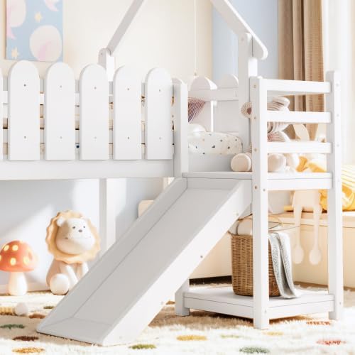 Bellemave Low Loft Bed Twin with Slide and Lights Strip for Kids, White