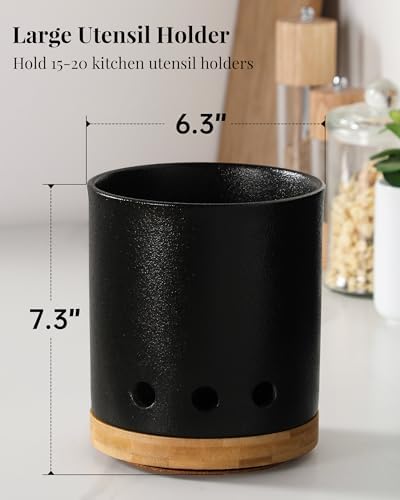 LoeJan 360° Rotating Ceramic Utensil Holder for Kitchen Countertop – Cooking Utensil Crock Organizer with Non-Slip Cork Base for Farmhouse Kitchen Decor, Textured Black