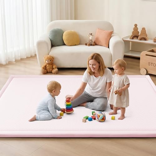Baby Play Mat for Floor Nursery Rug Muscle Area Playroom Rug Elastic Foam 79x110" Playpenmat Elastic Foam 1.3" Thick Crawling Mat for Babies,Toddlers, Infants, Kids(Plaid Light Pink)