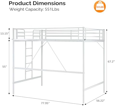 VINGLI Loft Bed Full Size with Flat Rungs for Adults, Kids and Young Teens, No Box Spring Required,Heavy Duty Metal Slat Support,White