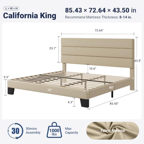 Allewie Cal King Size Platform Bed Frame with Fabric Upholstered Headboard