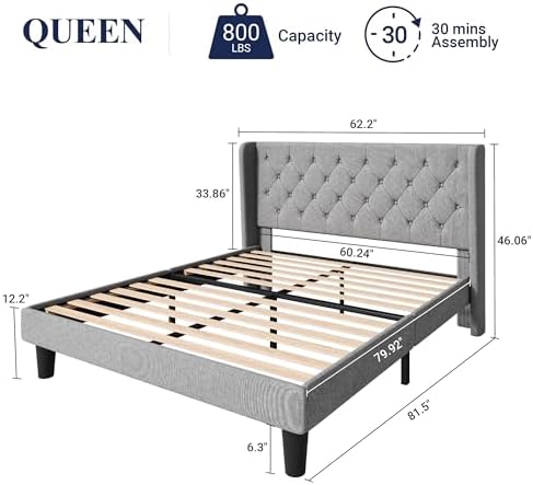 Allewie Queen Bed Frame with Button Tufted Wingback Headboard, Light Grey