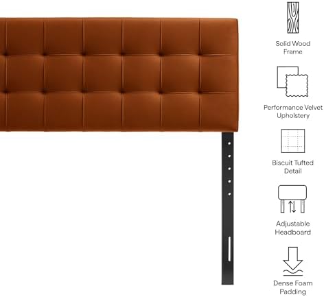 Modway Lily Performance Velvet Queen Size Headboard with Biscuit Tufting in Rust - Stain-Resistant Upholstery with Padded Design and 5 Height-Adjustable Mounts
