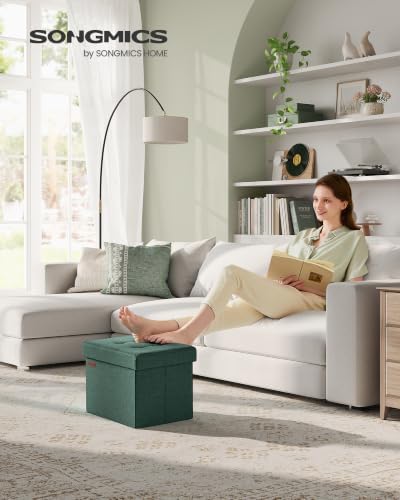 SONGMICS Mazie Collection - Small Folding Storage Ottoman, Foot Rest Stool, 12.2 x 16.1 x 12.2 Inches, 286 lb Load Capacity, for Living Room, Bedroom, Home Office, Dorm, Retro Green ULSF102C01
