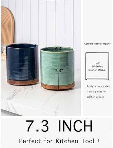 Utensil Holder, 360° Rotating Extra Large Ceramic Kitchen Utensil Holder for Countertop, 7.3“ Cooking Utensil Crocks for Kitchen Counter with Rotatable Wooden Base, Farmhouse Decor, Forest Green