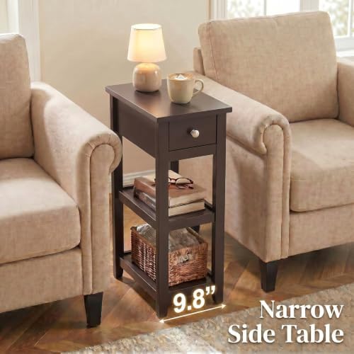 SEJOV Narrow Side Table, Small Brown End Table with Drawer and 2 Shelves