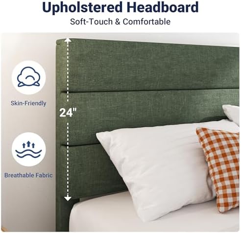 Allewie Twin Size Platform Bed Frame with Fabric Upholstered Headboard and Wooden Slats Support, Fully Upholstered Mattress Foundation/No Box Spring Needed/Easy Assembly, Green