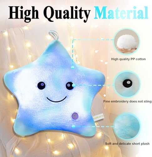 LED Night Light Star Pillow for Kids Throw Pillow Home Decor Couch Bedroom Office, Cute Stuffed Animals for Girls Plushies Boys Children Toys Daughter Doll Christmas Birthday Gifts White Blue