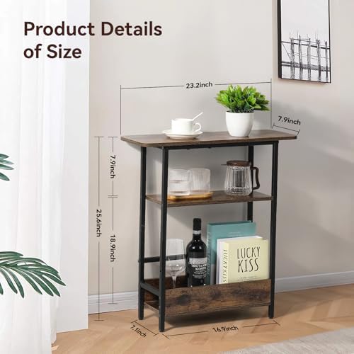 Narrow Side Table for Small Spaces, 3-Tier End Table with Storage Shelf