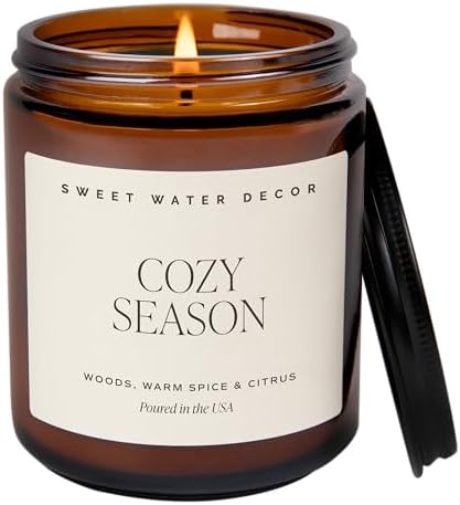 Sweet Water Decor Cozy Season Fall & Winter Candle, 9oz Amber Jar Black Lid
