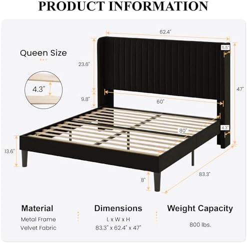 SHA CERLIN Queen Size Velvet Bed Frame, Tufted Wingback Headboard, Black