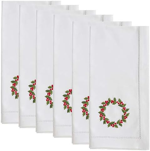 Handmade Wreath Embroidery Napkin with Hemstitched Border (Set of 6)