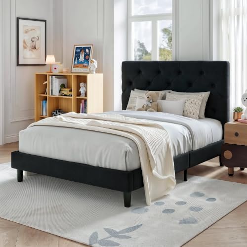 HOMBCK Twin Size Bed Frame with Adjustable Headboard, Black
