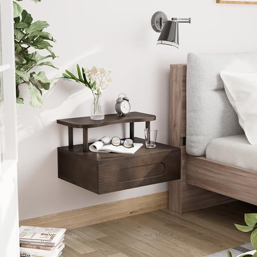 Floating Nightstand with Drawer - Brown Nightstand Floating Bedside Table, 2-Tier Wooden Bedroom Shelves for Wall, Morden Wall Mounted Nightstand for Bedroom, Bathroom, Study Room