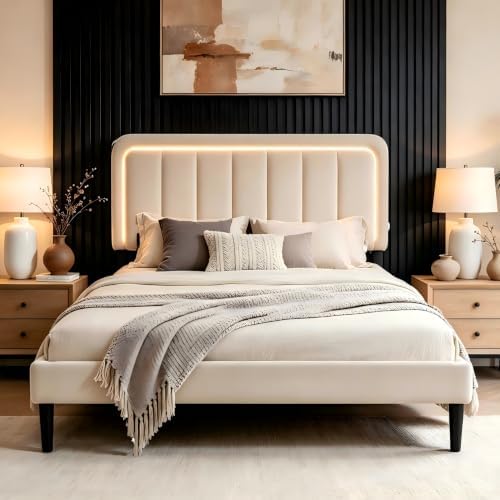 Garvee Twin Size Bed Frame with LED Lights & Upholstered Headboard