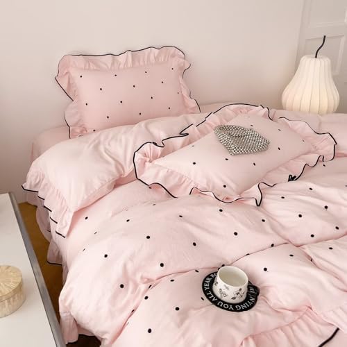 Pink Polka Dot Duvet Cover Set Twin Size 3 Pcs(1 Duvet Cover with 2 Pillowcases),Soft Brushed Washed All Seasons Comforter Covers with Ruffles,Twin Bedding Set for Teen Girls 68"×86"
