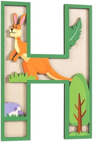 3D Layered Safari Nursery Wooden Letters for Wall Decor, 11.8" Green Large Baby Name Sign for Nursery, Animal Wood Alphabet Letter H Kids Room Initials for Front Door Shelf Home Decorations