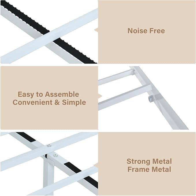 Full Metal Bed Frame with Industrial Headboard, White Brown