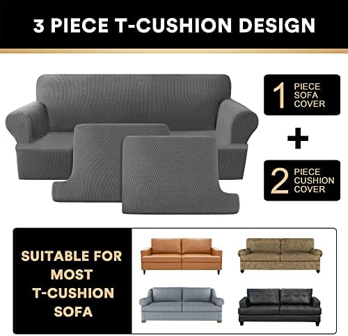 PrinceDeco T Cushion Loveseat Slipcover 3 Pieces Sofa Covers for T Cushion Sofa Stretch Sofa Covers for 2 Cushion Couch with 2 Individual T Shape Seat Covers Width Up to 76"- Washable, Grey