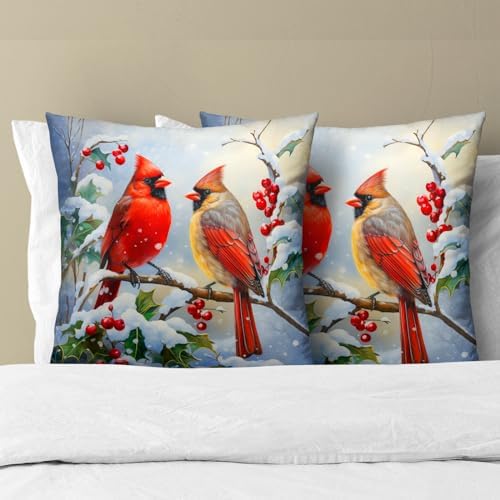 Winter Red Bird Throw Pillow Cover Set of 2 16x16 Inch Winter Christmas Pillowcase Nature Birds Scene Cushion Covers Farmhouse Pillow Protector for Home Bedroom Sofa