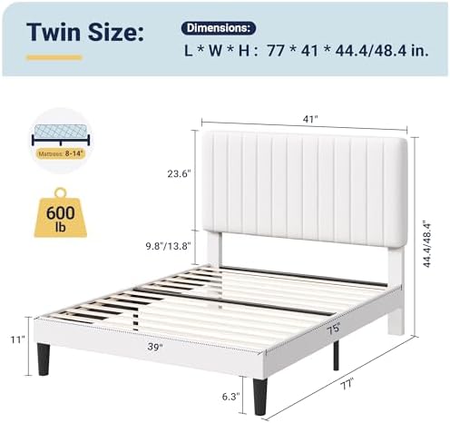 Allewie Twin Bed Frame, Velvet Upholstered Platform Bed with Adjustable Vertical Channel Tufted Headboard, Mattress Foundation with Strong Wooden Slats, Box Spring Optional, Easy Assembly, Off-White