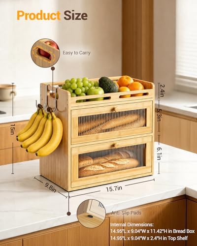 Bread Box for Kitchen Countertop, 2-Tier Bamboo Storage with Top Shelf