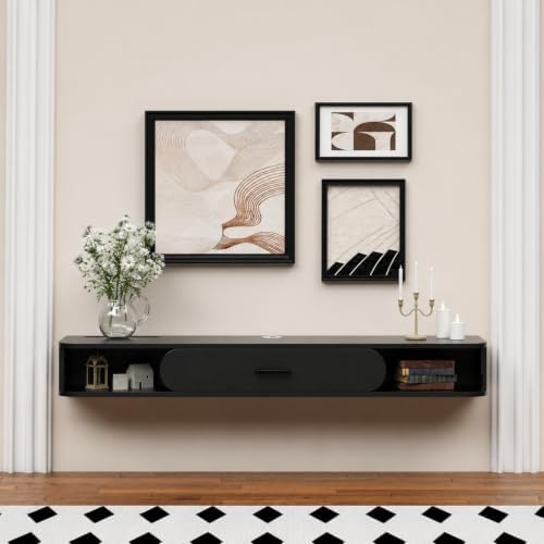 GHC Floating TV Stand, 55'' Wall Mounted TV Cabinet, Floating Shelves with Door, Media Console for DVD Player, Space-Saving Under TV Shelf for Bedroom & Living Room (Black)