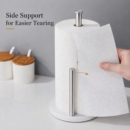 Brushed Nickel Paper Towel Holder for Kitchen Countertop, 304 Stainless Steel Roll Dispenser with White Engineered Marble Weighted Base, Freestanding Paper Towel Stand for Standard Rolls