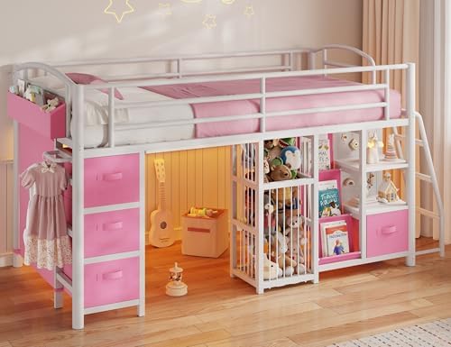 Twin Low Loft Bed, Kids Loft Bed, Storage Drawers, LED Lights, Pink White