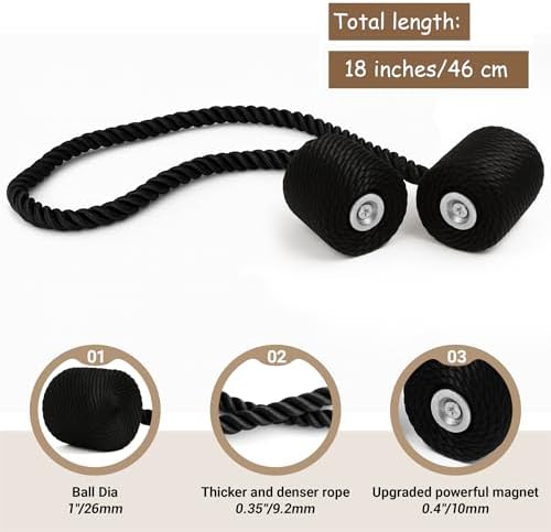 Hion Magnetic Curtain Tiebacks Black 6pcs, Curtain Holdbacks Hooks Holders
